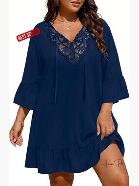 Plus Size Lace Crochet V Neck Ruffle Hem Beach Cover Up